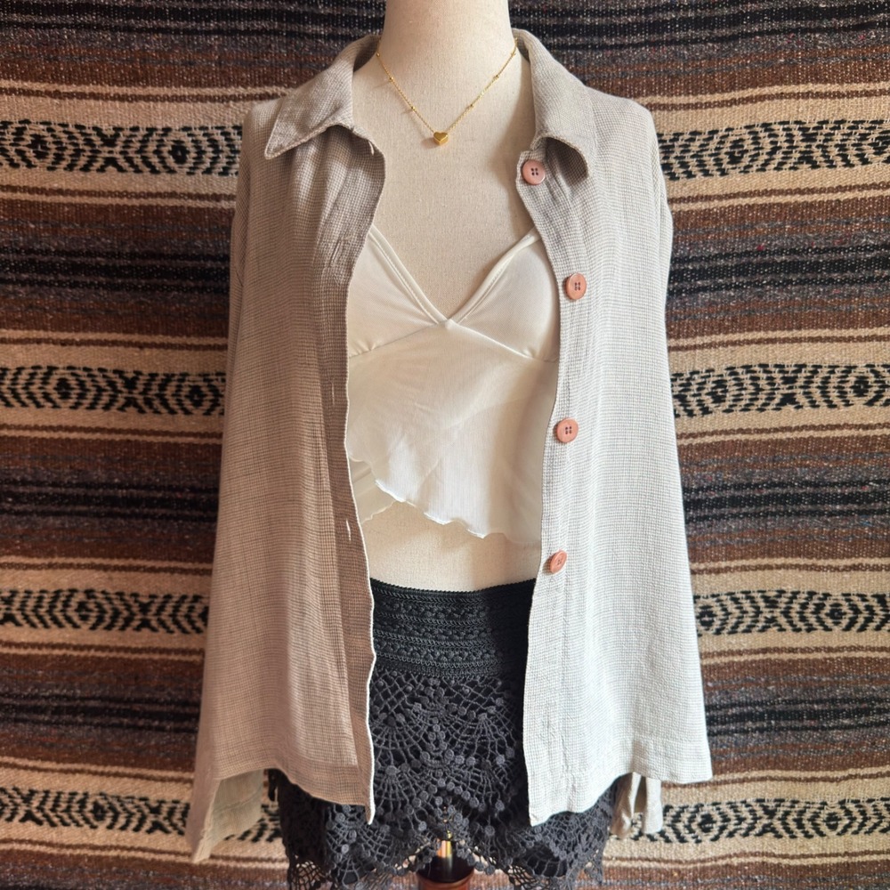 Eileen Fisher Womens L Beige Linen Blend Shirt Micro Check Button Up